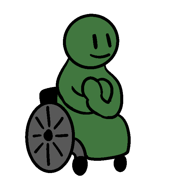 A green person in a wheelchair smiling and holding their hands against their chest.
